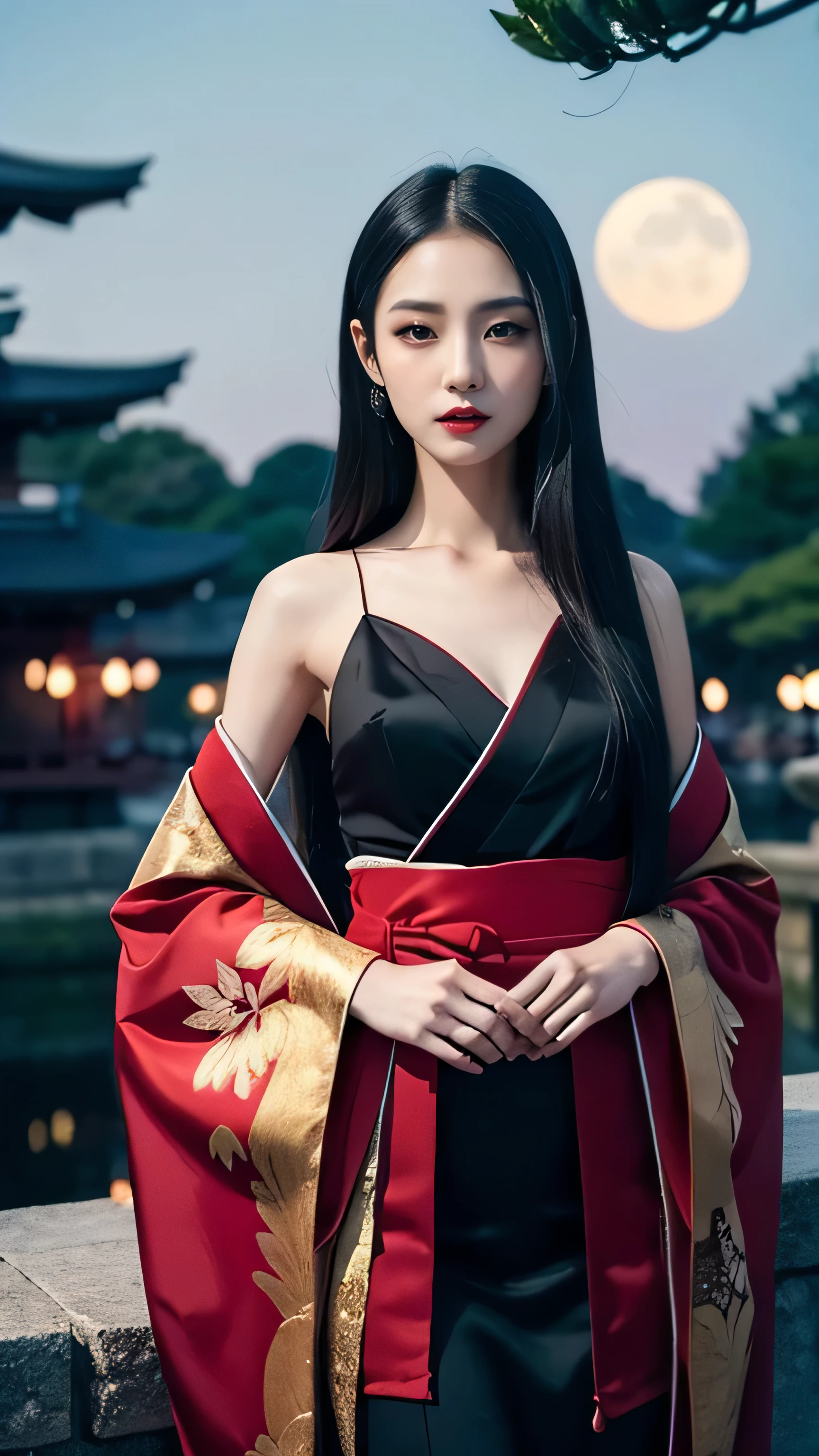 ### Prompt: Japanese-Style Vampire at Night

Create an ultra-realistic depiction of a Japanese-style vampire, blending traditional Japanese aesthetics with the eerie allure of a vampire for a striking and captivating look, set against the backdrop of a serene, moonlit night.

**Overall Appearance**:
- **Age**: The vampire appears youthful and timeless, with an air of ancient wisdom and elegance.
- **Body Type**: The vampire has a slender, graceful build, exuding both elegance and a quiet, lethal strength.

**Facial Features**:
- **Skin**: The skin is porcelain pale, smooth, and flawless, giving a ghostly, ethereal quality.
- **Eyes**: The eyes are large and almond-shaped, with a mesmerizing crimson or deep black hue. They possess a haunting, hypnotic gaze that can ensnare anyone who looks into them.
- **Hair**: The hair is long, straight, and jet-black, cascading down to the waist. It is sleek and shiny, with an impeccable, traditional style.
- **Mouth**: The lips are thin and blood-red, contrasting sharply with the pale skin. Sharp fangs are subtly visible when the vampire's lips part, adding to the sense of danger.

**Attire**:
- **Clothing**: The vampire wears a traditional Japanese kimono made of luxurious silk, adorned with intricate patterns of cranes, cherry blossoms, and moonlit landscapes. The kimono is primarily black with red and gold accents, symbolizing both nobility and danger.
- **Accessories**: The vampire is adorned with traditional Japanese jewelry, such as a jade hairpin, an ornate obi sash, and delicate, hand-painted fans. These accessories enhance the vampire's aristocratic and timeless appearance.

**Scene**:
- **Setting**: The vampire is set in a serene, moonlit Japanese garden at night, with a backdrop of cherry blossom trees, a koi pond, and a traditional tea house. The atmosphere is tranquil yet eerie, with the soft glow of lanterns casting long shadows and the full moon illuminating the scene.
- **Activity**: The vampire is in a poised, el