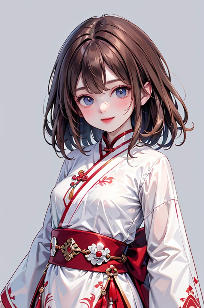 high resolution,smile,woman,woman1人,adult,cute, Medium Hair, Brown Hair,Light blue eyes, Red Chinese Dress,whole body,front,Standing,BREAK,Background white,