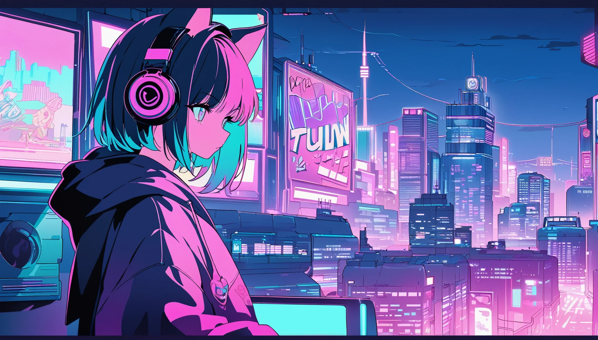 (masterpiece), (Best illustrations),One teenage girl, cat ears, 90s wind,Retro、2d animation, Cel painting, pastel colour, cyber punk、City of night, Neon Town, hoodie, headphone、The inside color is pink,Emo,Night view, Mellow, Lo-fi hip hop,  (highest quality), (Vaporwave Style), (Ultra-detailed), (Best illustrations), (Best Shadow),Perfect lighting, Bright colors,fashionable