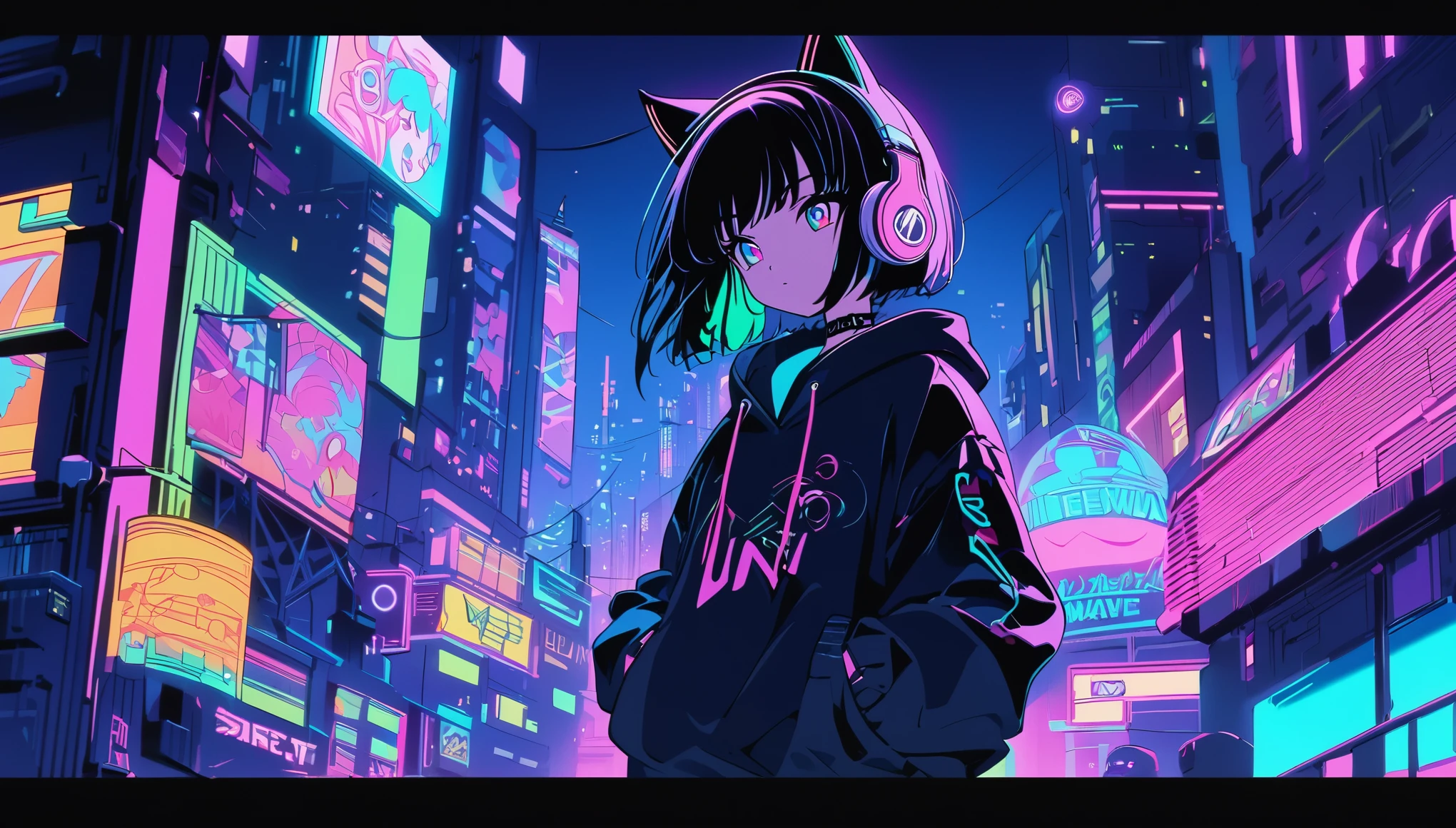 (masterpiece), (Best illustrations),One teenage girl, cat ears, 90s wind,Retro、2d animation, Cel painting, pastel colour, cyber punk、City of night, Neon Town, hoodie, headphone、The inside color is pink,Emo,Night view, Mellow, Lo-fi hip hop,  (highest quality), (Vaporwave Style), (Ultra-detailed), (Best illustrations), (Best Shadow),Perfect lighting, Bright colors,fashionable