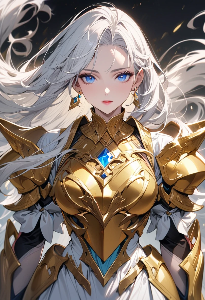 woman, blue eyes, long hair, white hair, mature, god eyes, diamond earings, golden armor, beautiful, high detail, beautful color
