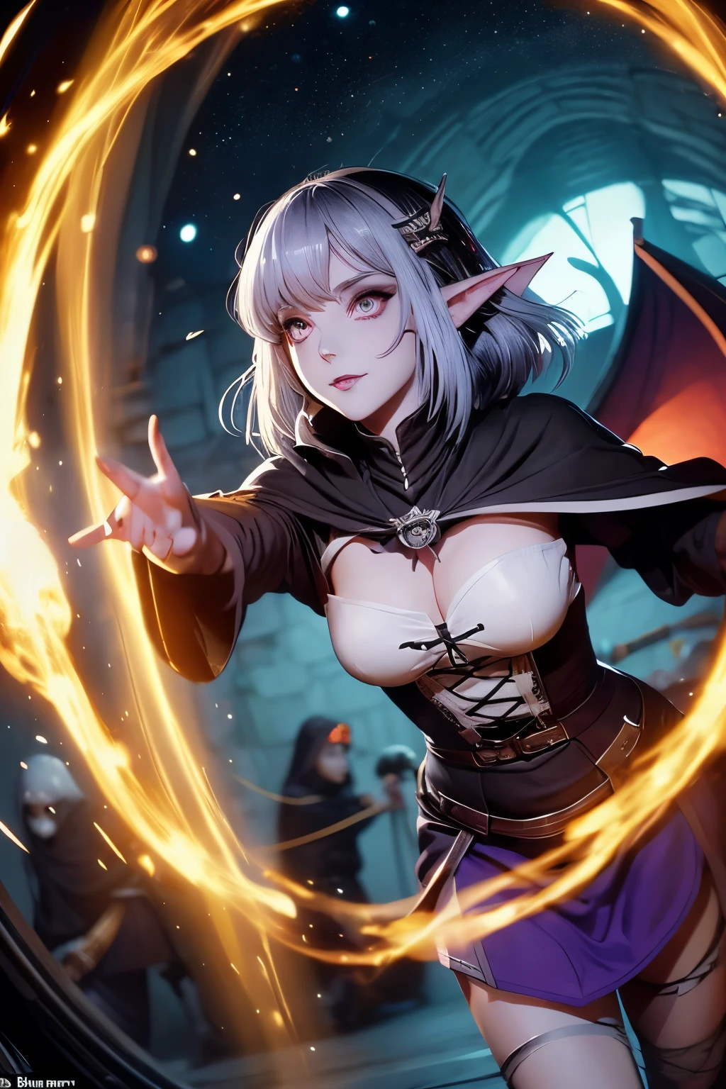 (Ultra-detailed face, looking away, Fantasy Illustration with Gothic, Ukiyo-e, Comic Art),
BREAK
(DarkElves: These middle-aged dark elf woman have silver hair, blunt bangs, pigtail hair, dark purple skin, and lavender eyes.),
BREAK
(The dark elf female navigator is wearing a tight sailor dress with a blue and white swirl pattern and sandals with the same pattern.),
BREAK
(The dark elf female navigator maneuvers the rudder wheel in the wheelhouse of a fast, medieval-era galley-style flying boat through a space of swirling rings of seven-colored flame.)