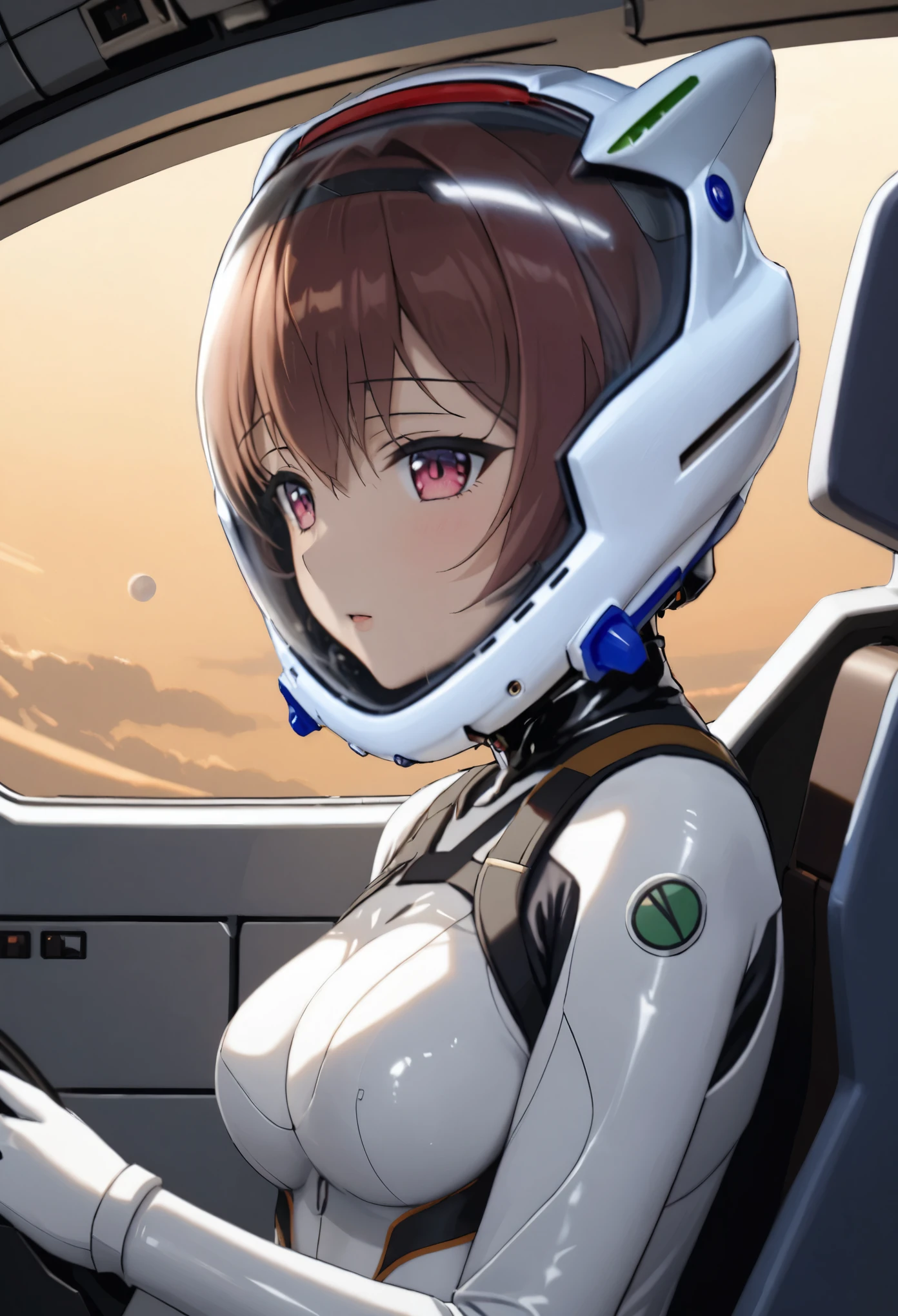 ((Female pilot in the cockpit of a reconnaissance plane), (airplane cockpit), (in flight), (10000 feet altitude)、(sky view):1.7),, short hair, street, emo, BLACK hair, white eyes, eyeliner, apocalypse, girl, nside the (cockpit:1.9) of a (futuristic spaceship:1.6), , blush,sitting on a chair, covered navel, space helmet, muvluv, space helm, plug suit , space helmet, eva helm, space suit, short hair, FROM SIDE\