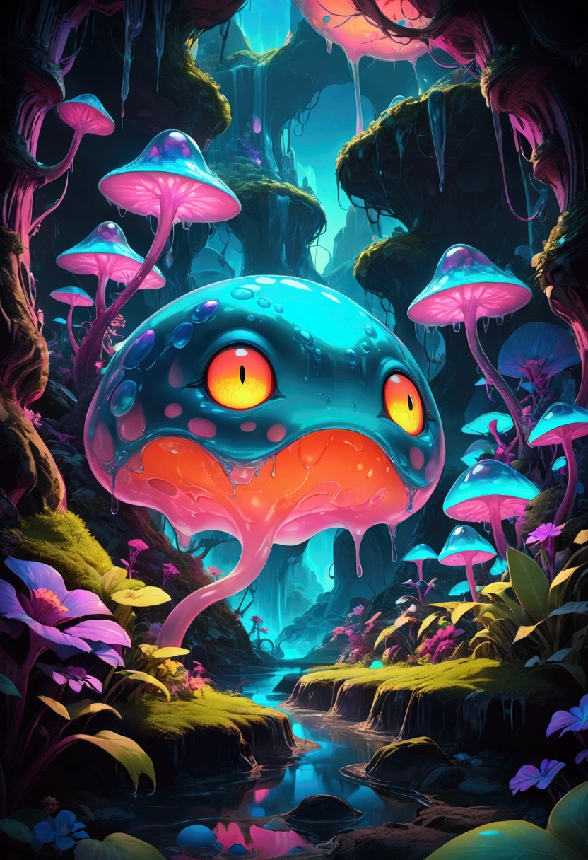 A slime creature, detailed slimy texture, gooey and viscous appearance, cute eyes, bright neon colors, fluorescent glowing, surreal fantasy landscape, colorful alien environment, glowing mushrooms, bioluminescent plants, cinematic lighting, detailed 3D render, vibrant colors, high detail, masterpiece, best quality, very aesthetic, absurdres