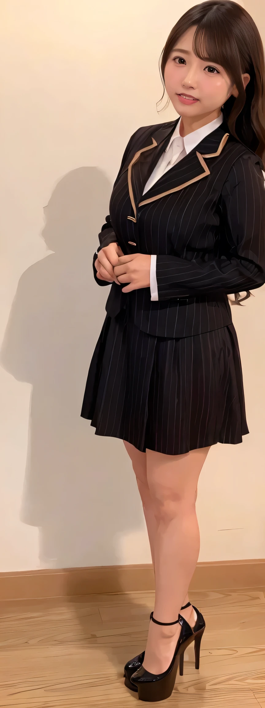 Japanese maid, Mature Woman, ((A little chubby, Round face, 43 years old)), Wavy black hair with no bangs, Long Hair, Twin ponytail, Flashy makeup, Fuller lips, Sexy Gaze, uniform, ((dressing)), Looking into the camera, Low angle shooting, Cute duck mouth,((Extremely precise and accurate ???????)),  (masterpiece:1.43), Perfect Proportions, Realistic photos, Full Shot, whole body, (height: 146cm), High heels Has two legs,Has two arms、Has two legs, You need two arms)) 