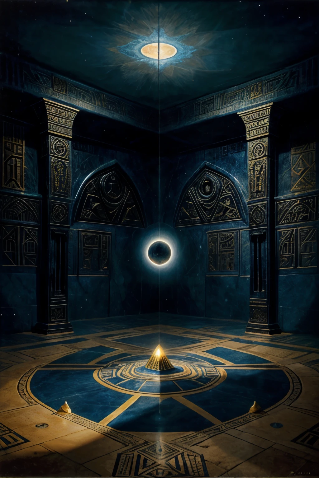 Egyptian labyrinth in the mind, light and dark blues, astral dream and projection theme, ethereal, oblique perspective, Surrealism, painted by Salvador Dali, grotesque style. --s 50