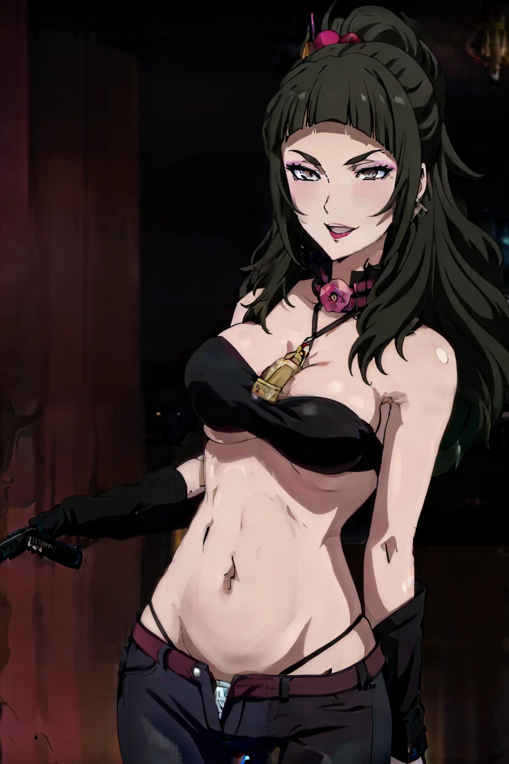 jina, long hair, blush, lipstick, jewelry, earrings, Hot girl, baddie, mean girl, sensual, attractive, bar background, inside bar, indoor, masterpiece, best quality, highly detailed, a girls with a gun, evil smile , open mouth, sexy gaze, badass pose , evil smile, smile, (nsfw) not safe for work, guns blazing, anime girl with long hair, beautiful long haired girl, navel, evil expression, exposed belly, exposed navel, exposed midriff, exposed lower belly, long black pants, crop top, cleavage, unbuttoned leather pants ,open fly, low rise black leather pants, leather jacket, holding a gun, holding pistol,