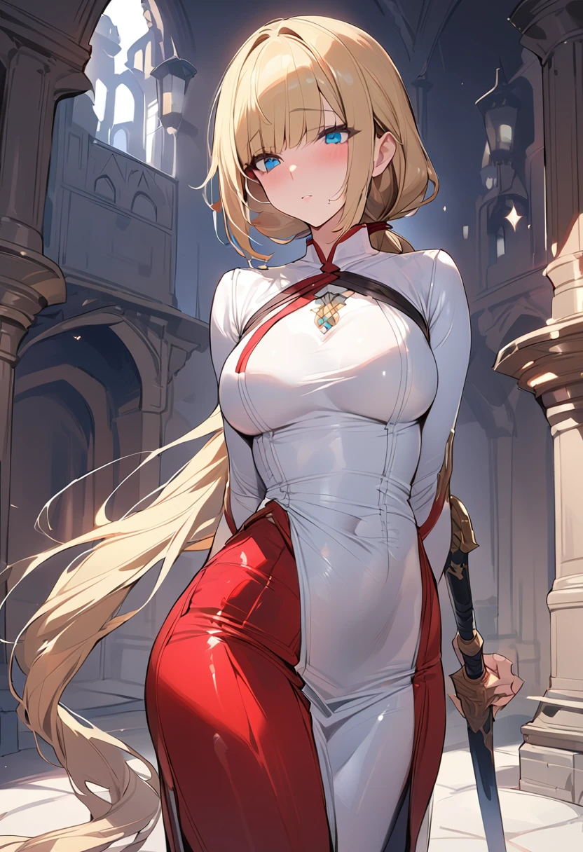((masterpiece,Highest quality:1.3,best quality illustration)),cowboy shot,1woman,(Mature Beauty),Female Swordsman、((very small head:1.4,very long body:1.3)),blonde hair,(low ponytail),long hair,bangs,gorgeous big eyes,Blue eyes,shy,(slender body,skinny),(White blouse、Red pleated mini skirt),medium breasts,gleaming skin,shiny skin,Medieval European Castles、Sword and sorcery fantasy world、