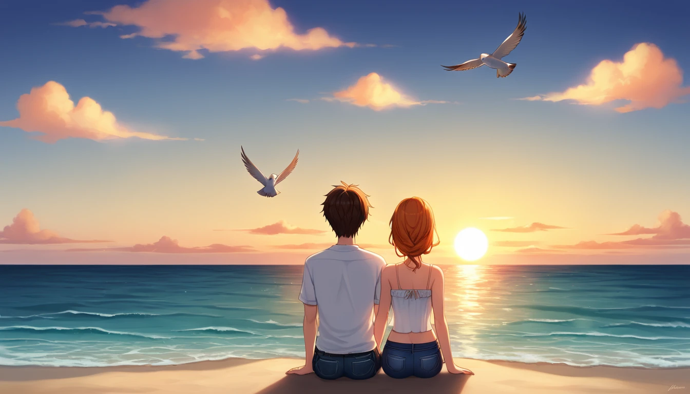 Here’s a prompt to generate a similar and accurate image:
"Create a comic-style or anime-inspired scene of a boy and a girl sitting on a beach during a beautiful sunset. They are facing the ocean, with the warm, orange hues of the setting sun illuminating the sky and casting a soft glow on the water. The boy and girl are sitting close together, with the girl on the left and the boy on the right, both appearing to be in a peaceful moment. The sky is filled with scattered clouds and a few birds flying in the distance. The foreground includes some beach vegetation and rocks, adding to the serene atmosphere. The overall style should resemble an anime or pen sketch with detailed, soft shading and a warm color palette." Girl wearing a white top and jeans and jeans folded till knee .