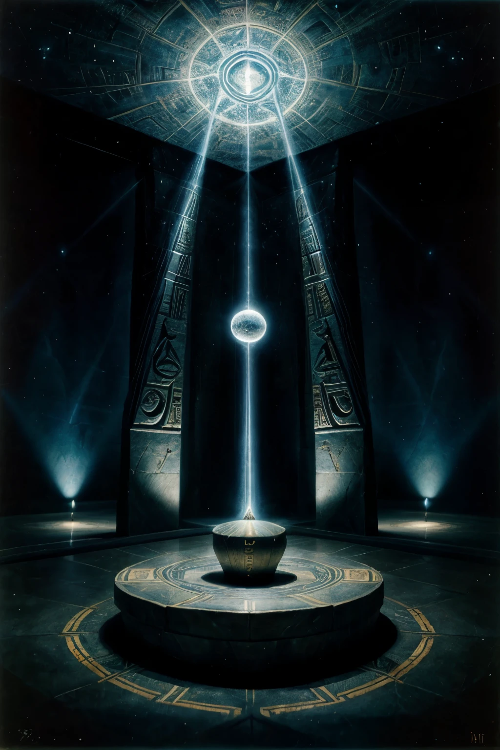 Egyptian labyrinth in the mind, light and dark blues, astral dream and projection theme, ethereal, oblique perspective, Surrealism, painted by Salvador Dali, grotesque style. --s 50
