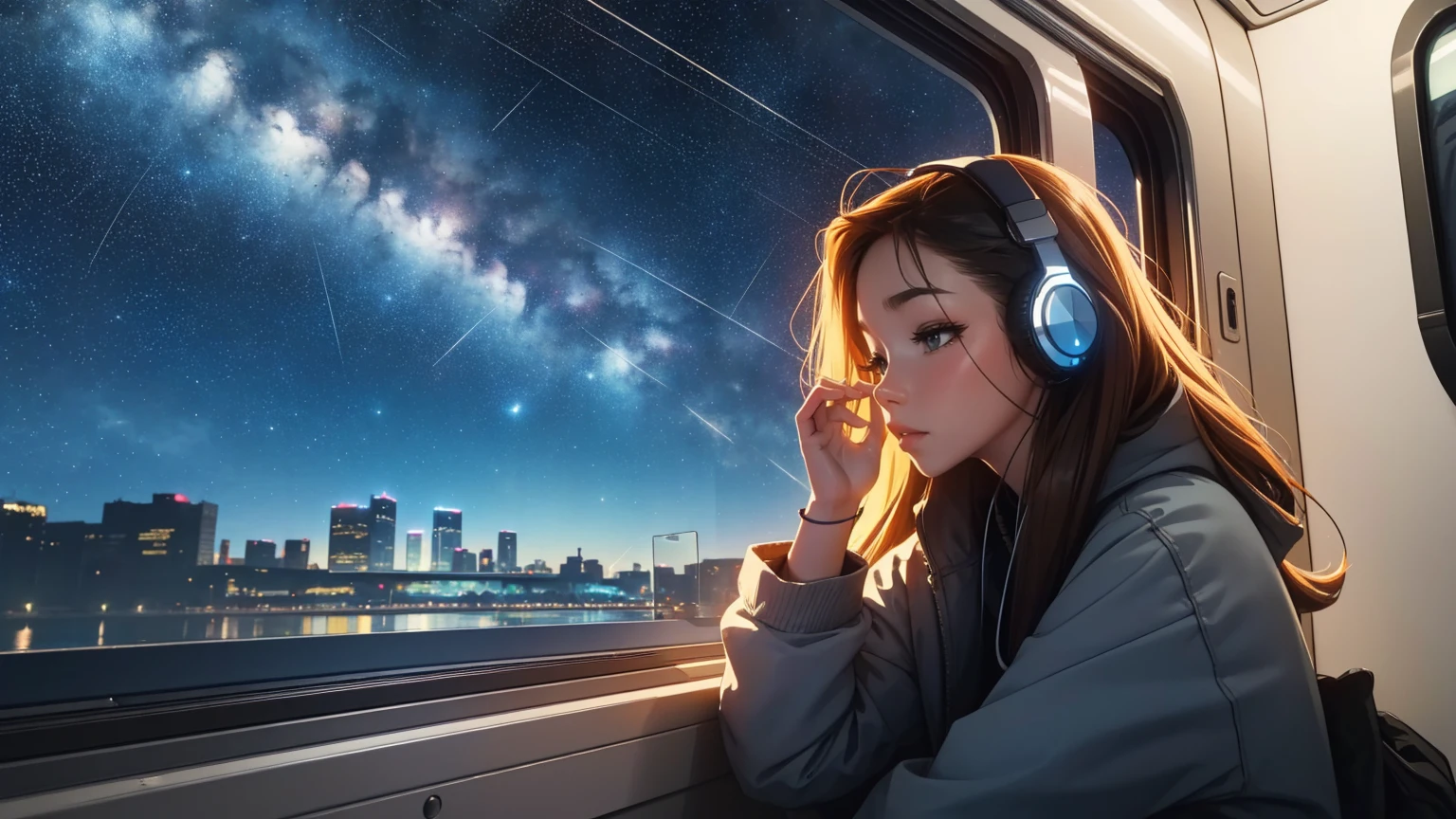 train, Sit by the window, Adopt a pensive posture, Stargazing, His head was stuck in the glass, Put on headphones, Scenery passing by at high speed, Night Travel, Beautiful starry sky, beautiful girl, UHD Portrait, (high quality) (Super detailed) Observation of viewers wearing hip-hop street fashion; different, colorful, Long hair in color ๐