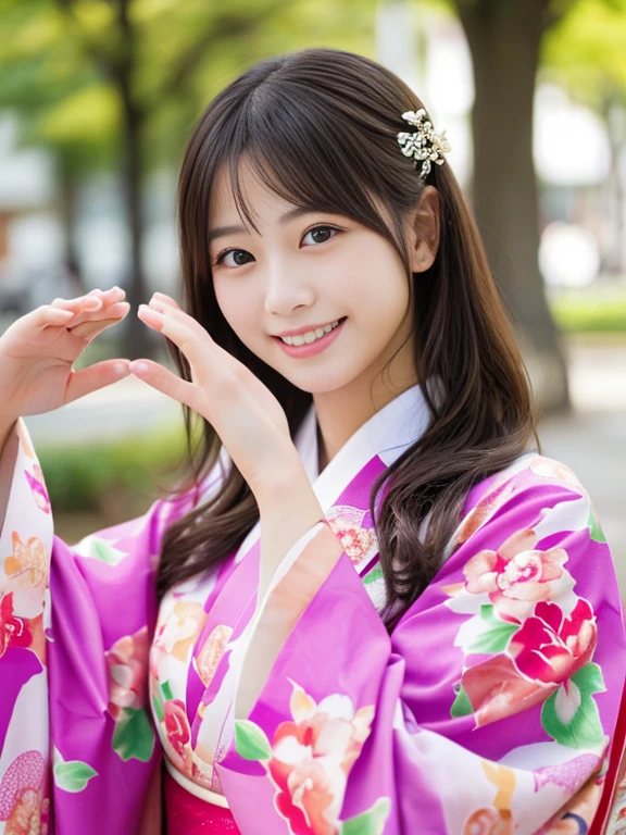 Photo-realistic quality、There is a woman dancing with a smile, Japanese Model, Shot with Canon EOS 5D Mark IV, Japanese Idol, Cute playful pose of the dancer, beautiful japanese girls face, Kimono、looking at the camera、Detailed and beautiful eyes、Cute smile、A soft and gentle look