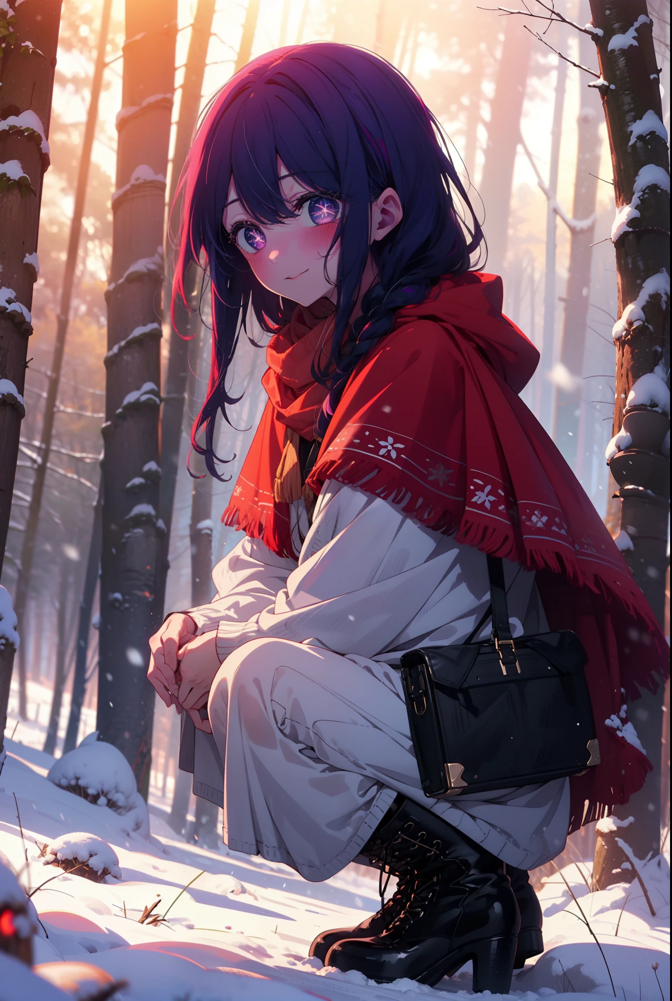 aihoshino, Ai Hoshino, Long Hair, bangs, (Purple eyes:1.1), Purple Hair, (Symbol-shaped pupil:1.5), smile,,smile,blush,white breath,
Open your mouth,snow,Ground bonfire, Outdoor, boots, snowing, From the side, wood, suitcase, Cape, Blurred, , forest, White handbag, nature, Squat, Mouth closed, Cape, winter, Written boundary depth, Black shoes, red Cape break looking at viewer, Upper Body, whole body, break Outdoor, forest, nature, break (masterpiece:1.2), Highest quality, High resolution, unity 8k wallpaper, (shape:0.8), (Beautiful and beautiful eyes:1.6), Highly detailed face, Perfect lighting, Extremely detailed CG, (Perfect hands, Perfect Anatomy),