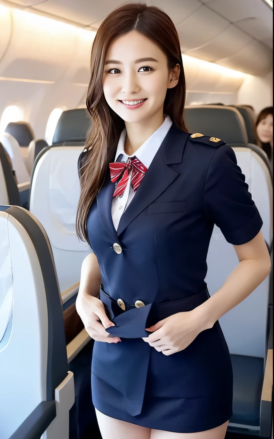 (4K,8k,Masterpiece,Realistic),日本people,woman,2people、Beautiful eyes、cute、smile、Cabin attendant、Inside the plane、Standing posture、Long Hair、Tight Skirt、uniform
