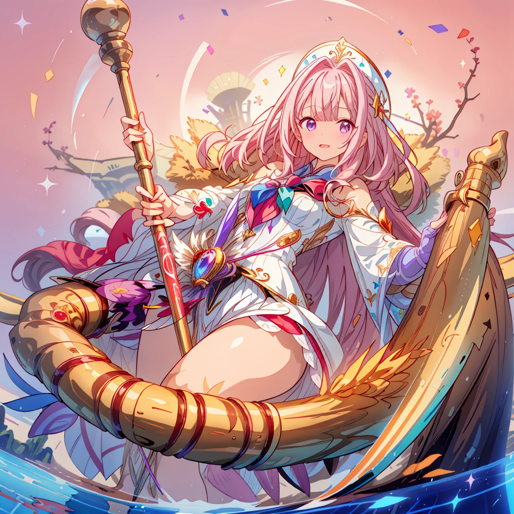 One Girl、(masterpiece, Highest quality、Official Art、Optimal Configuration、Award-winning works), (Thin Hair), Very detailed, Anime Style, alone, full length, Concept Art,Magical girl　Big hat　Cape, Magic stick,  Super huge, Tall and stylish, Very large.、White Background, full lengthに立って, Floating in the sky,fsgzisksk