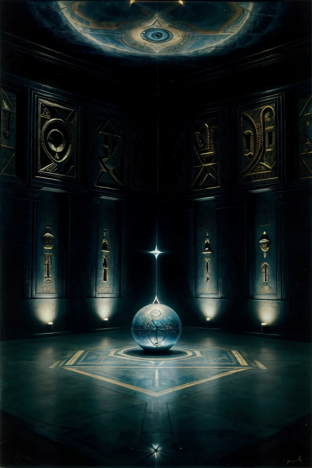 Egyptian labyrinth in the mind, light and dark blues, astral dream and projection theme, ethereal, oblique perspective, Surrealism, painted by Salvador Dali, grotesque style. --s 50