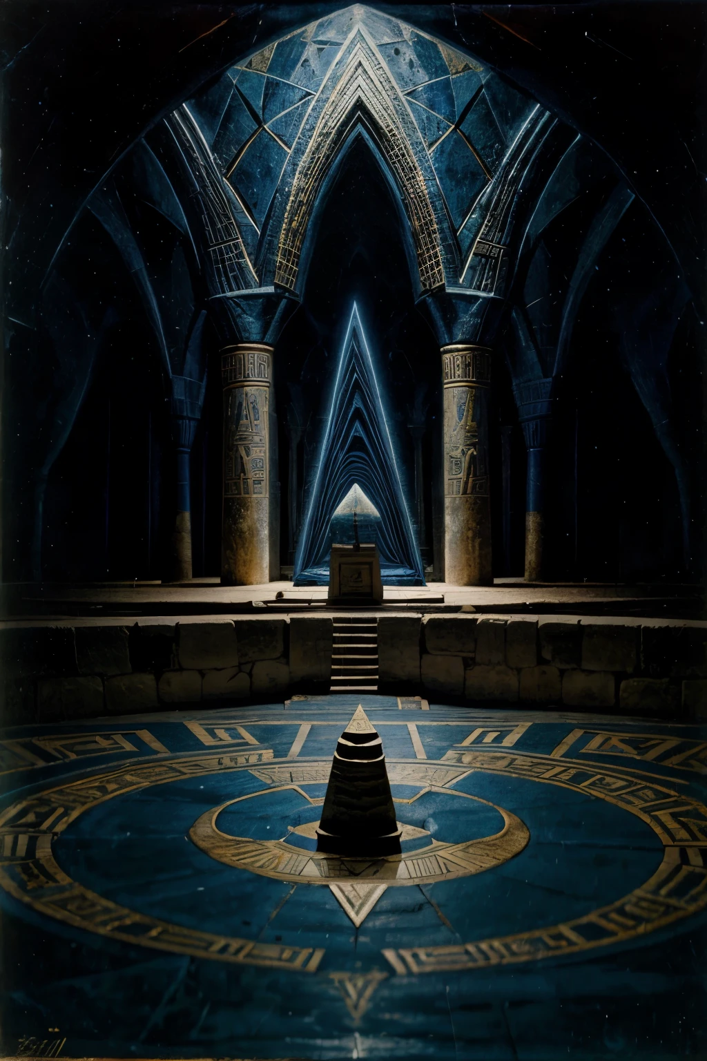 Egyptian labyrinth in the mind, light and dark blues, astral dream and projection theme, ethereal, oblique perspective, Surrealism, painted by Salvador Dali, grotesque style. --s 50