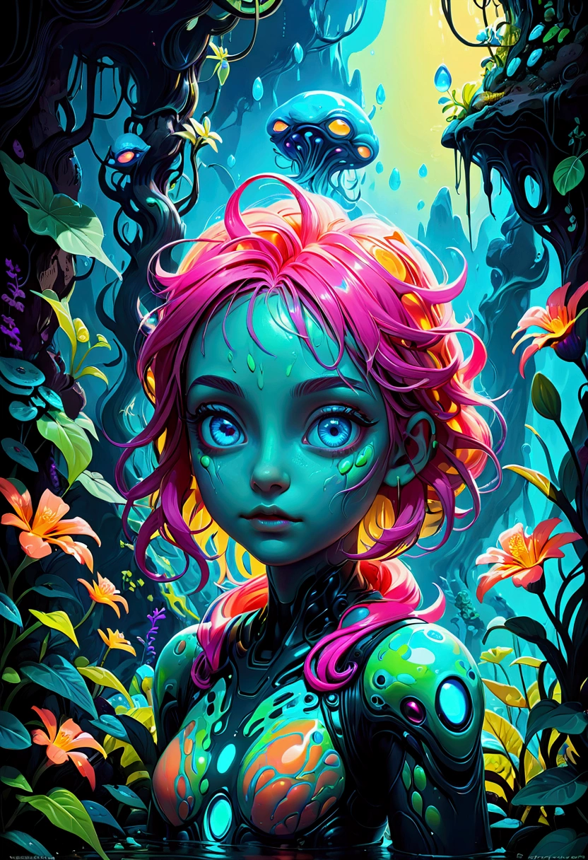 A slime creature, detailed slimy texture, gooey and viscous appearance, (cute eyes:1.5), bright neon colors, fluorescent glowing, surreal fantasy landscape, colorful alien environment, glowing, bioluminescent plants, cinematic lighting, detailed 3D render, vibrant colors, high detail, masterpiece, best quality, very aesthetic, absurdres