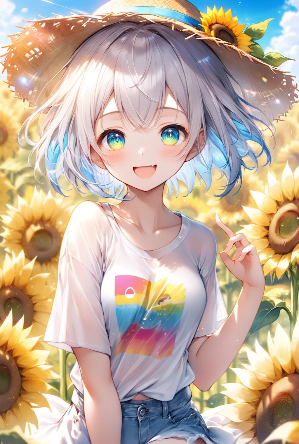 (Highest quality, 8k, 32K, masterpiece, Ultra-high resolution,:1.2),born, One girl,Super cute , Natural light,Clear, shining eyes, 20-year-old ,Fair skin, Wearing an open-necked T-shirt, Sexy pose, An innocent smile, A fantasy background of an electronic world like a sunny sunflower field, Straw hat, blue sky, summer, bright, Silver hair girl, short hair,Nyan Nyan Pose, With his mouth open in a daze, Looking to the side