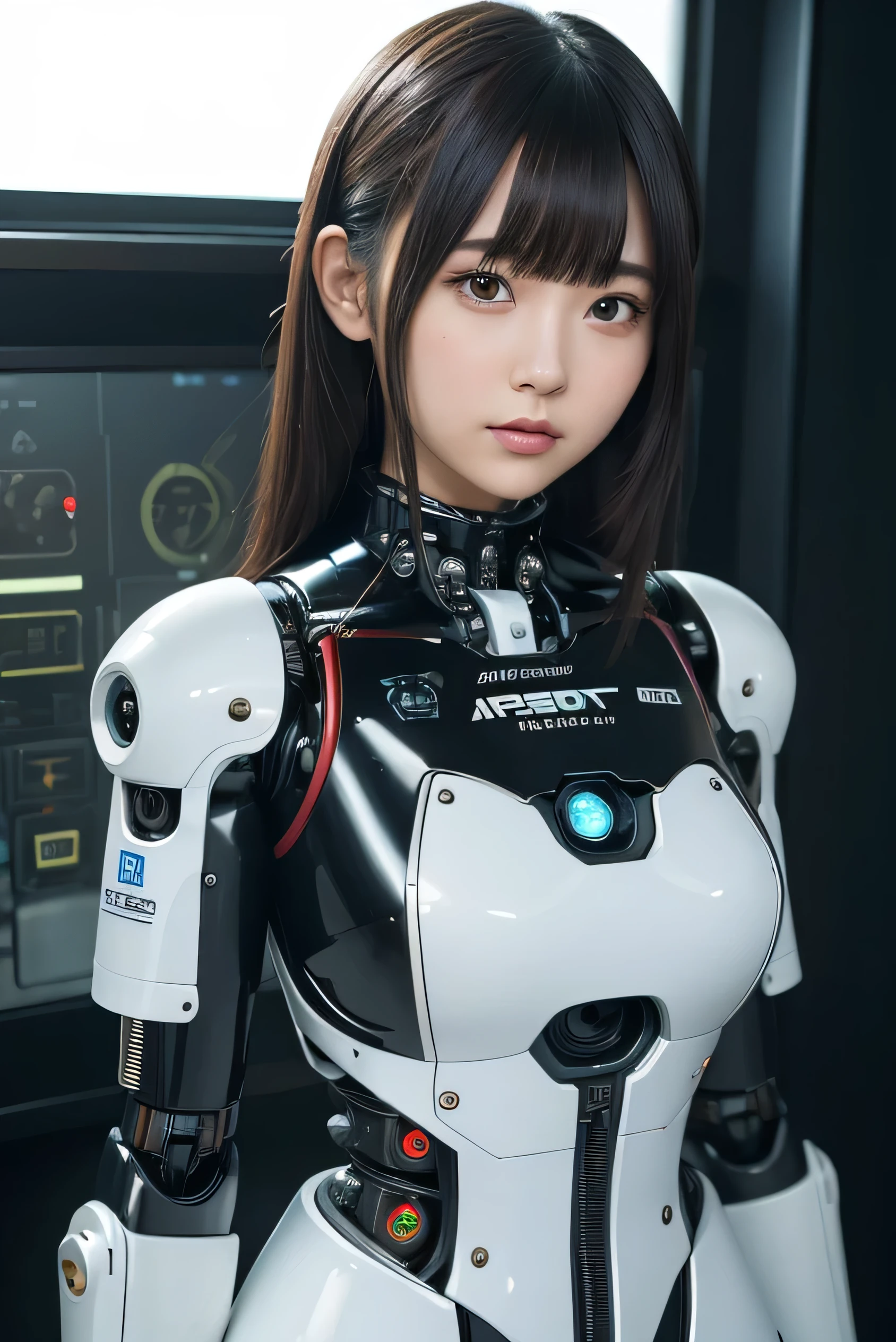 (photorealistic:1.4), (RAW photo)masutepiece, Best Quality, Extremely detailed, (Photorealistic:1.4), (8K, 4K, Best Quality, hight resolution, 超A high resolution:1.1), 8K portrait,1girl in, Japaese android gid,Plump , announcer,control panels,android,Droid,Mechanical Hand, ,Robot arms and legs, Black hair,Mechanical body,Blunt bangs,perfect robot woman,Charging spot,Long Tube,A thick cable was connected to her neck,metallic body ,Mechanical body,android,robot humanoid,a bit chubby,panty,full eyes,perfect mechanical body,white robotics body,future laboratory,metallic chest ,She has repaired,She has a socket between her legs,clothes with a sense of mechanical technology,android factory,robot factory,dark black tights,silver body,metallic body,black sponge joints