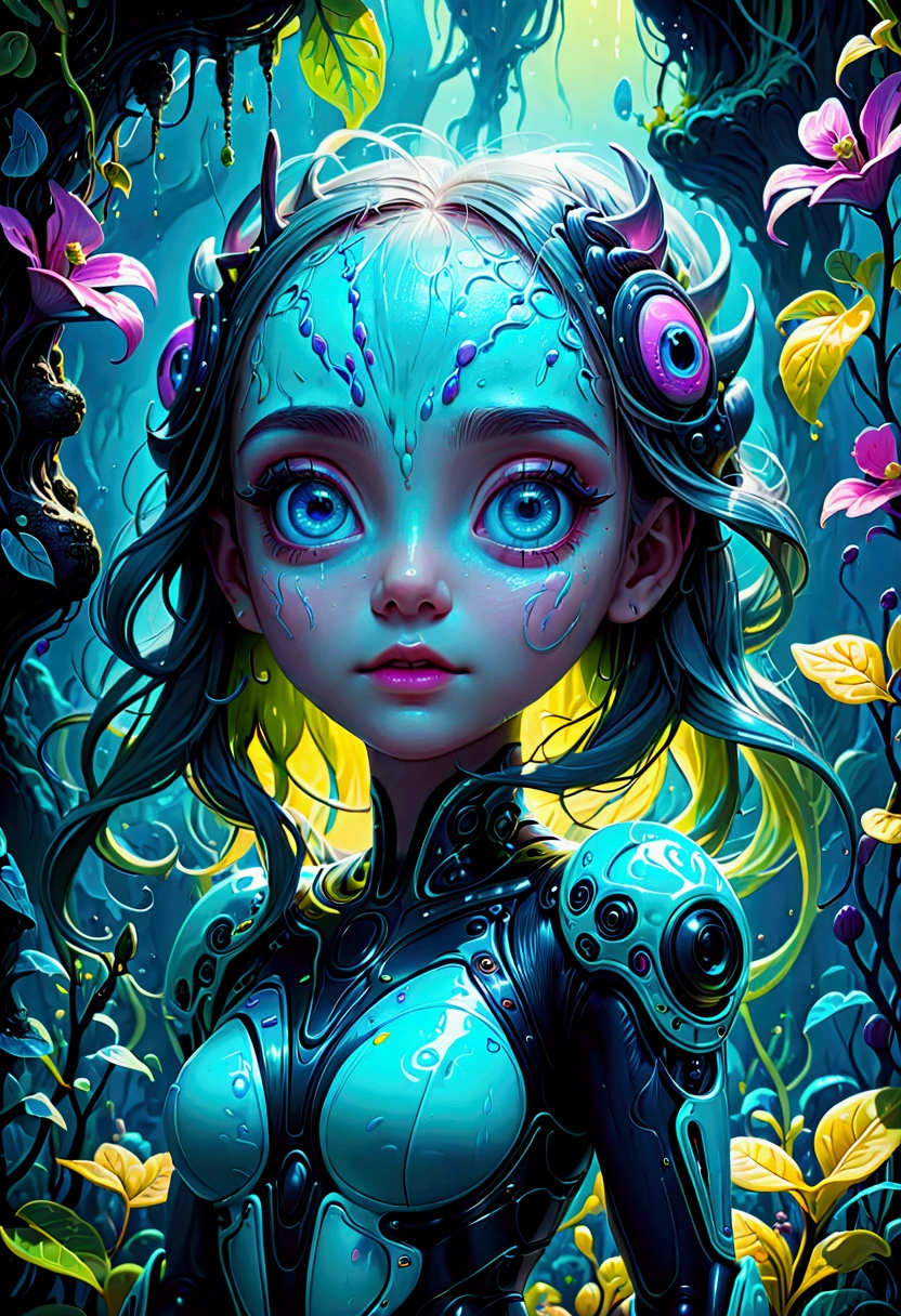 A slime creature, detailed slimy texture, gooey and viscous appearance, cute eyes, bright neon colors, fluorescent glowing, surreal fantasy landscape, colorful alien environment, glowing mushrooms, bioluminescent plants, cinematic lighting, detailed 3D render, vibrant colors, high detail, masterpiece, best quality, very aesthetic, absurdres