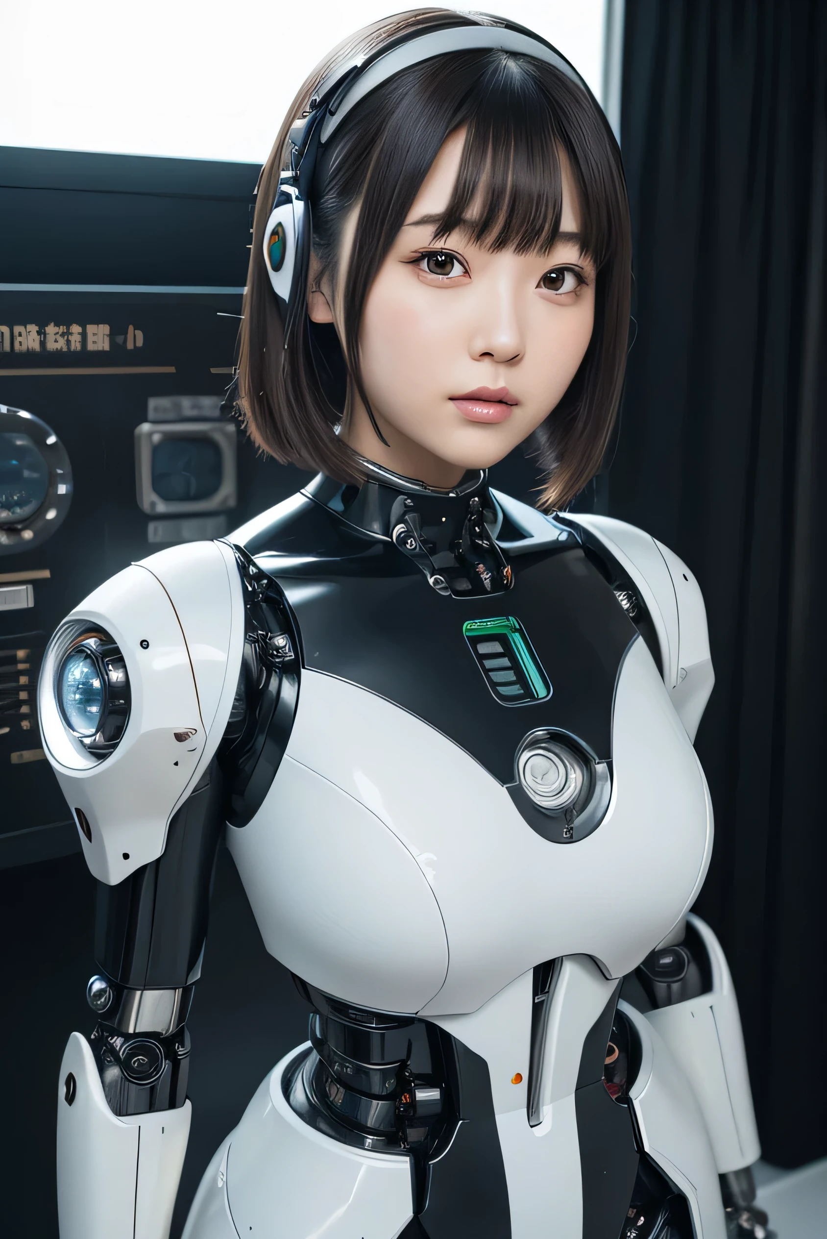 masterpiece, best quality, extremely detailed, Japaese android girl,portrait,Plump,a bit chubby,control panels,android,Droid,Mechanical Hand, Robot arms and legs, Black hair,Blunt bangs,perfect robot girl,long tube,thick cable connected her neck,android,robot,humanoid,cyborg,japanese cyborg girl ,robot-assembly plant,She is assembling now,assembly scene,camera eyes,chest monitor