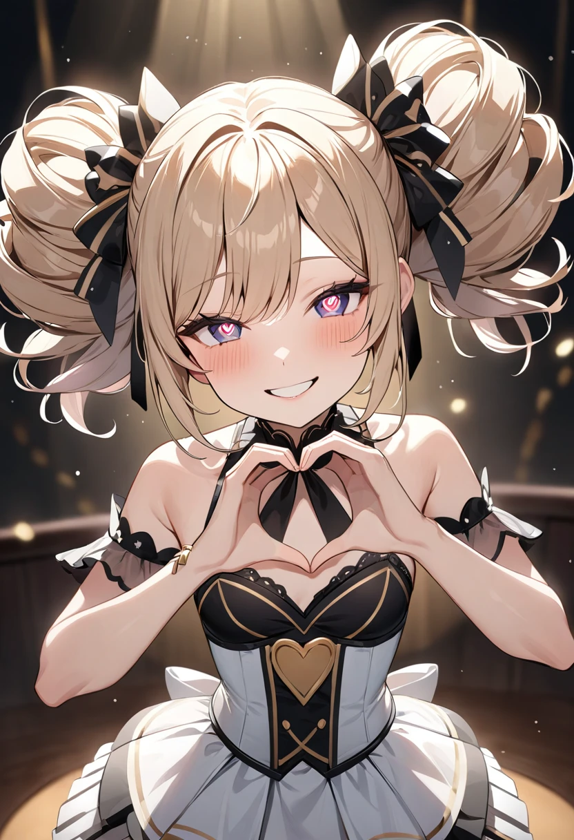 (masterpiece, top quality, very aesthetic, 4k、illustration), intricate detail, 1woman,、solo,contrapposto 、,(cowboy shot)、(heart shaped pupils),Cute、half closed eyes、fan service、heart hands、happy smile、Random Hairstyle、Random Hair Color、,middle hair,sidelock ,Random Color eyes、idol clothes、small breasts、Slim 、