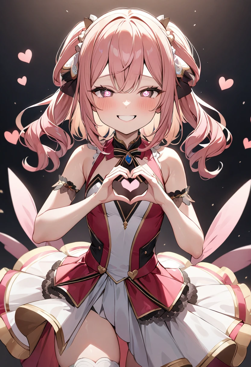 (masterpiece, top quality, very aesthetic, 4k、illustration), intricate detail, 1woman,、solo,contrapposto 、,(cowboy shot)、(heart shaped pupils),Cute、half closed eyes、fan service、heart hands、happy smile、Random Hairstyle、Random Hair Color、,middle hair,sidelock ,Random Color eyes、idol clothes、small breasts、Slim 、