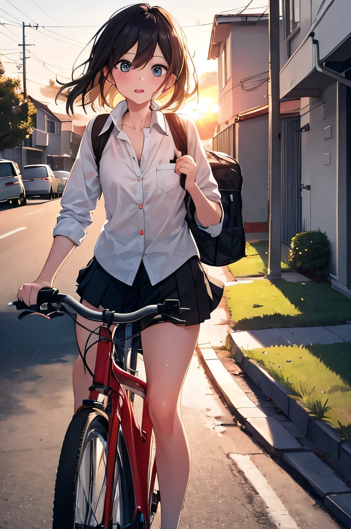 Highest quality, masterpiece, One girl, Girl walking from school by bicycle, , sunset, Sweat, Button unbuttoned
