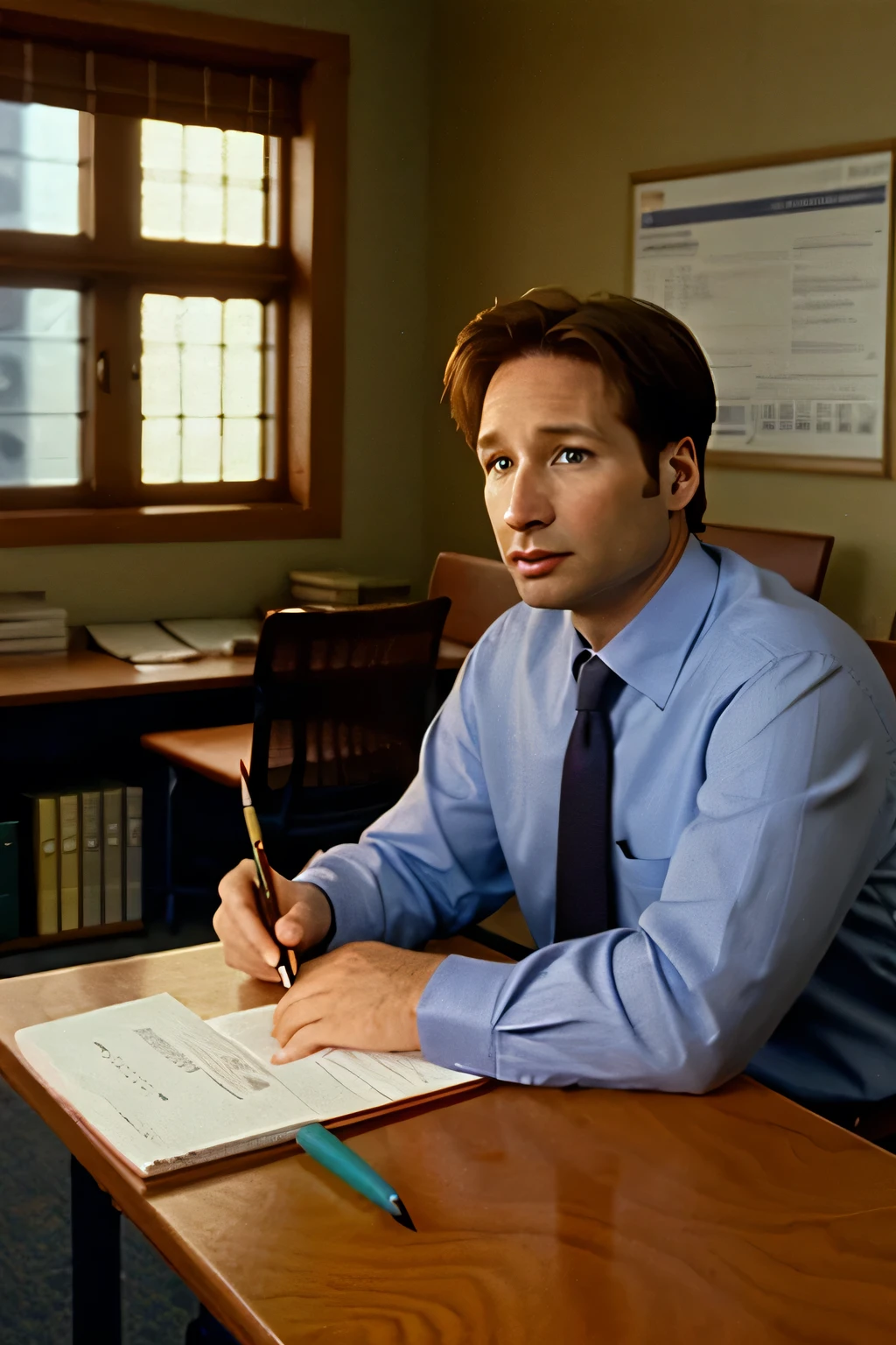 foxmulder sitting at hist desk, throwing pencils at the ceiling, 
intricate details, hyperdetailed, cinematic, realistic, masterpiece