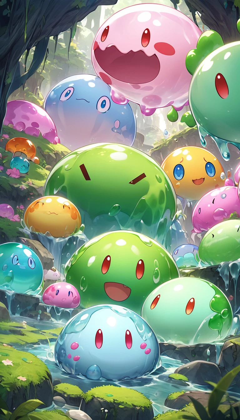 adventure game.Players capture and train slimes,As a pet or battle companion.Slime usually appears as a transparent、Soft and tender、Gel-like organisms appear in different colors,blue、green、Pink, etc. have no clear body structure,Beautifully textured foregrounds and backgrounds that can deform and flow,detailed, bright, Animation style high definition and high quality presentation