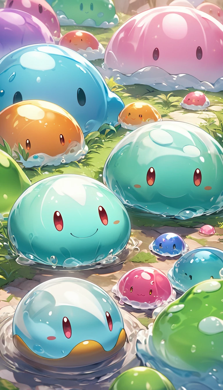 adventure game.Players capture and train slimes,As a pet or battle companion.Slime usually appears as a transparent、Soft and tender、Gel-like organisms appear in different colors,blue、green、Pink, etc. have no clear body structure,Beautifully textured foregrounds and backgrounds that can deform and flow，detailed, bright, Animation style high definition and high quality presentation