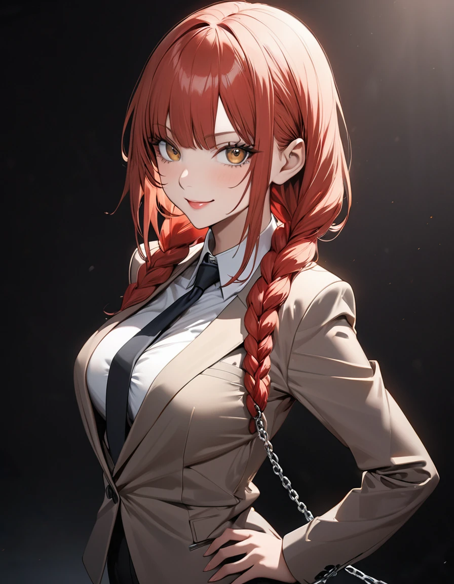 (masterpiece), (best quality), makima with Taylor Swift's face (chainsaw man), best quality, ultra detailed, 1girl, solo, standing, red hair, long braided hair, golden eyes, bangs, medium breasts, tie, look, smile, (bad: 1.2), looking at the viewer, (interview: 1.3), (dark background, chains: 1.3) breasts out,