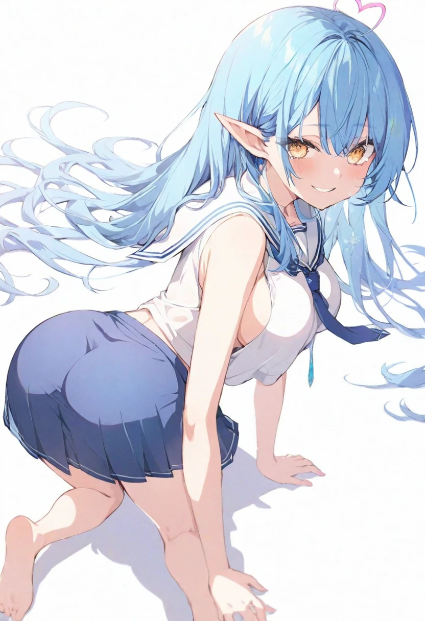 (a girl,masterpiece,8k,nude,choker,stockings, bandage on leg, smile, flat chest), vivid colors, blue hair, aqua from kinosuba, landscape, flat chest, little body, cute body