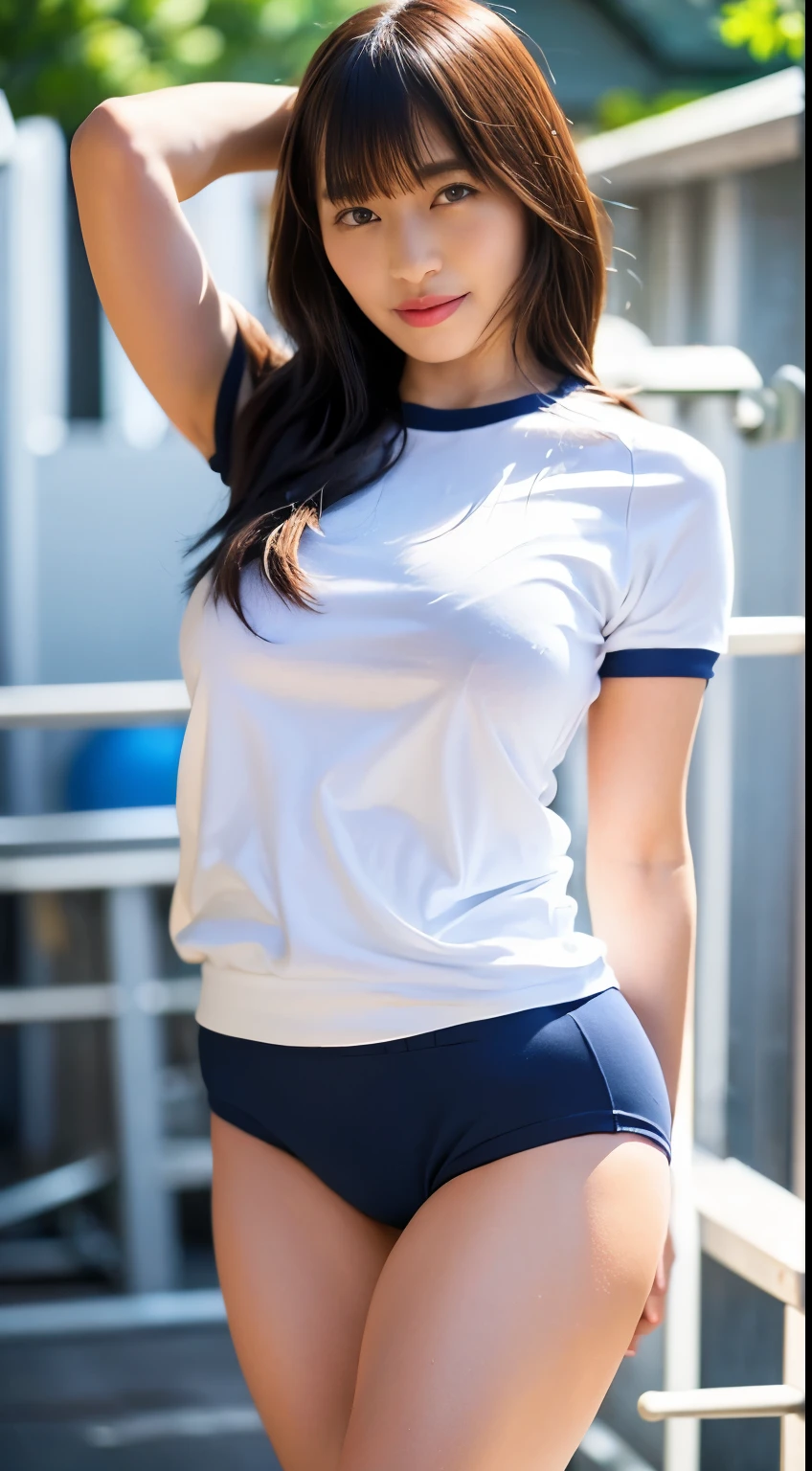 alone、high school girl、White skin、Natural Makeup、Black Hair、bangs、Straight Long Hair、(((White short-sleeved T-shirt on the upper body)))、(((Long white gym clothes)))、(((Very tight bloomerid rise bloomers)))、(((Navy Bloomers)))、(((Tuck the bottom of your gym clothes into your bloomers)))、Big Breasts、Big Ass、(((Schoolyard)))、(((Realistic fingers)))、(((Realistic style)))、((Perfect figure))、(((upright)))