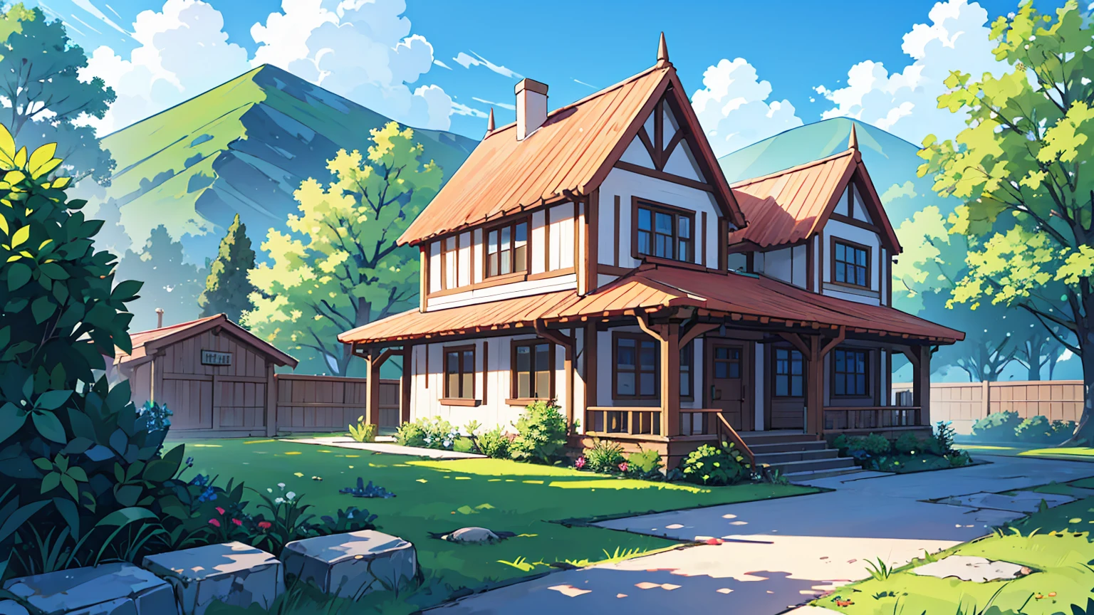 A serene and picturesque countryside landscape featuring a quaint house with a red roof, nestled among lush greenery under a clear blue sky dotted with fluffy white clouds. The scene is bathed in the warm glow of sunlight, highlighting the vibrant colors of the flora and the rustic charm of the stone pathway leading to an inviting gate. Mountains loom gently in the background, adding to the tranquil and idyllic setting that evokes a sense of peacefulness and escape from the hustle and bustle of city life