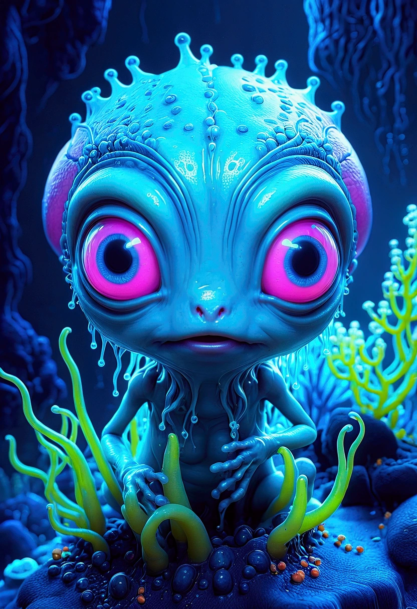A slime creature, detailed slimy texture, gooey and viscous appearance, cute eyes, bright neon colors, fluorescent glowing, surreal fantasy landscape, colorful alien environment, glowing mushrooms, bioluminescent plants, cinematic lighting, detailed 3D render, vibrant colors, high detail, masterpiece, best quality, very aesthetic, absurdres