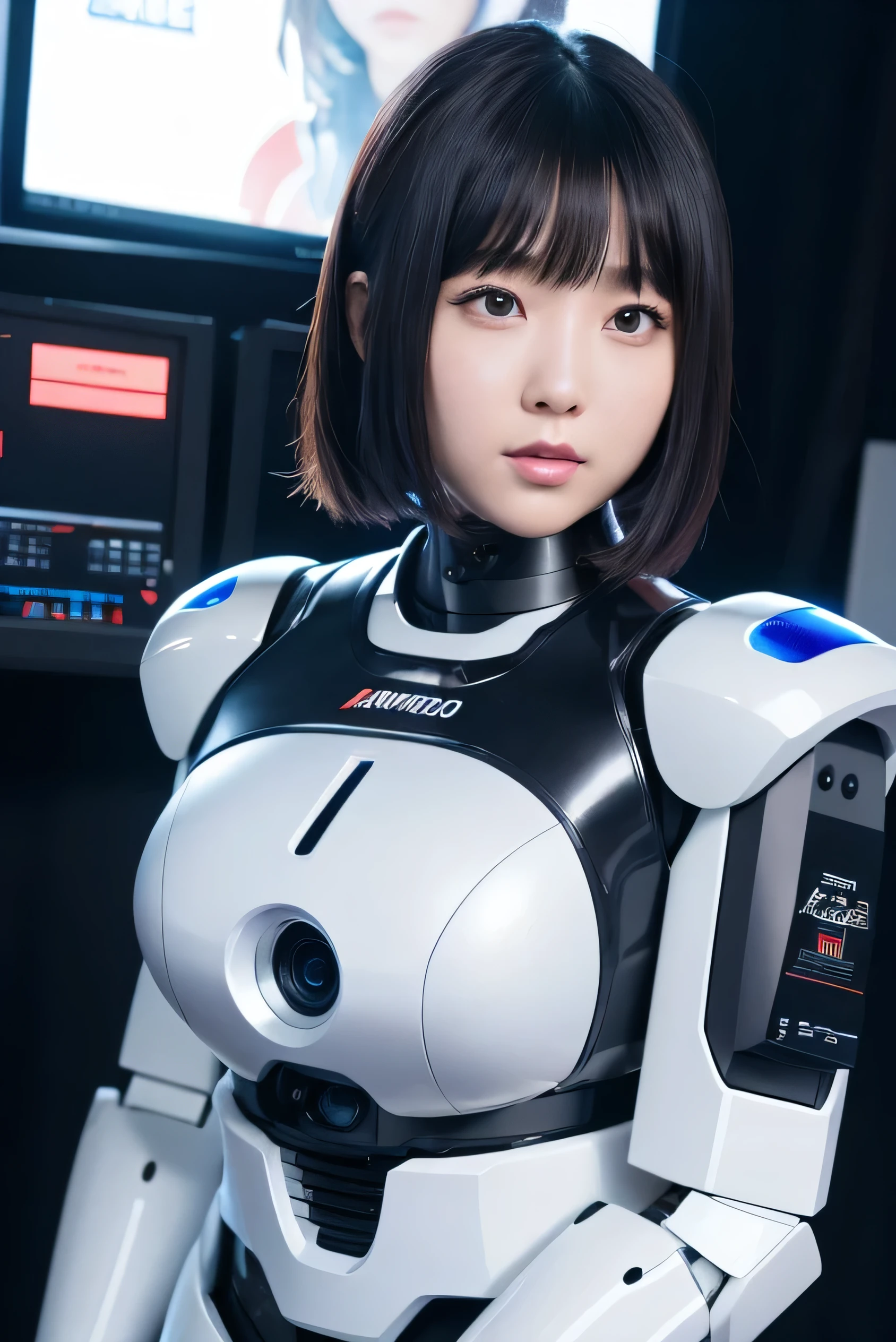 masterpiece, best quality, extremely detailed, Japaese android girl,portrait,Plump,a bit chubby,control panels,android,Droid,Mechanical Hand, Robot arms and legs, Black hair,Blunt bangs,perfect robot girl,long tube,thick cable connected her neck,android,robot,humanoid,cyborg,japanese cyborg girl ,robot-assembly plant,She is assembling now,assembly scene,camera eyes,chest monitor