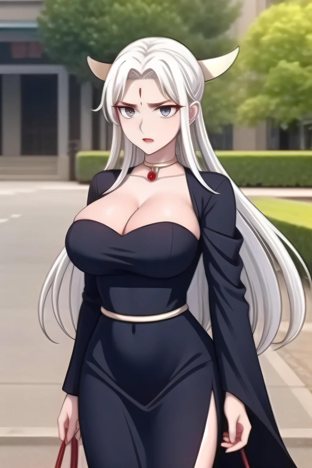 chi yue, mature lady, white hair color, original hair style, red mark on the forehead, ornament on the back of the head, wearing a choker around neck, wearing her original dress, standing outdoors, cowboy shot