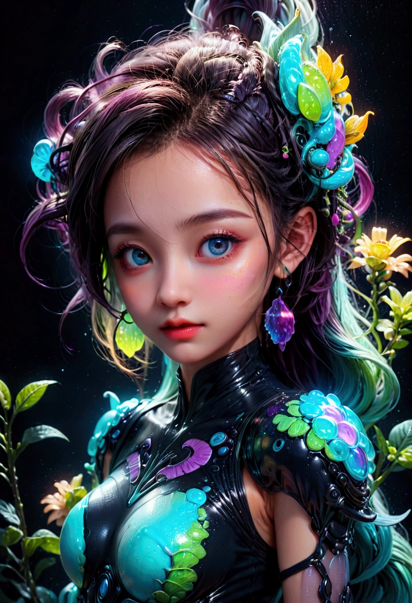 A slime creature, detailed slimy texture, gooey and viscous appearance, (cute eyes:1.5), bright neon colors, fluorescent glowing, surreal fantasy landscape, colorful alien environment, glowing, bioluminescent plants, cinematic lighting, detailed 3D render, vibrant colors, high detail, masterpiece, best quality, very aesthetic, absurdres
