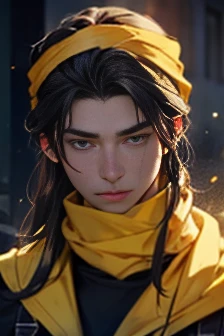 A photo of a black-haired man staring at the camera、(((Yellow bandana on head))),(((Muscular man)))、(Very detailed CG ユニティ 8k 壁紙,masterpiece, Highest quality, Very detailed),(Best lighting, Best Shadow, Very delicate),good looking ,Roleplaying、Small eyes、Long Hair、Fantasy style clothing、Yellow clothes、Yellow Cape、Black innerwear、