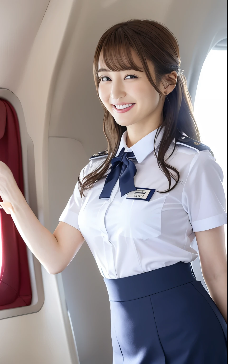 (4K,8k,Masterpiece，Realistic），Super Resolution:1.2、（Japanese:1.3）、Realistic、Japaneseアイドルの顔、woman、23 years old、Beautiful eyes、cute、smile、Perfect hands、Natural Makeup、bangs、Cabin attendant、Inside the plane、Standing posture、Tight Skirt、uniform