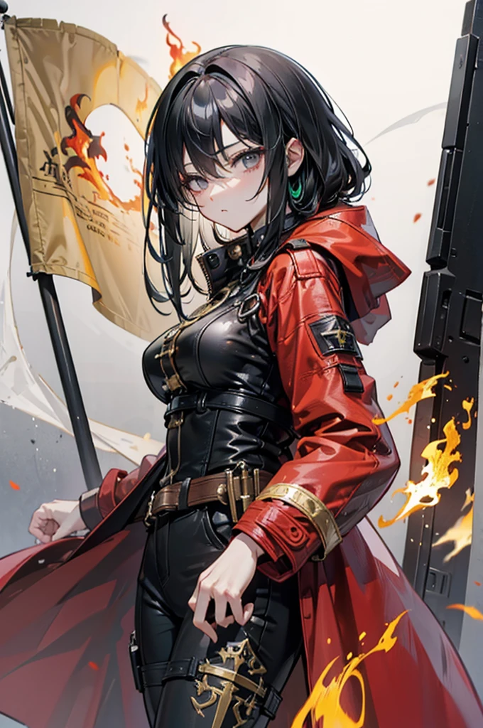 초상화, super detail, fantasy, 소녀, (long_hair, hair_between_eyes, black_hair, one_side_up, two-tone hair in black and gray3:1), gray_eyes, determined_face, half closed_eyes, 진지함, medium_breasts, Red coat (with gold flame pattern at the end of the coat), Holding a large flame flag