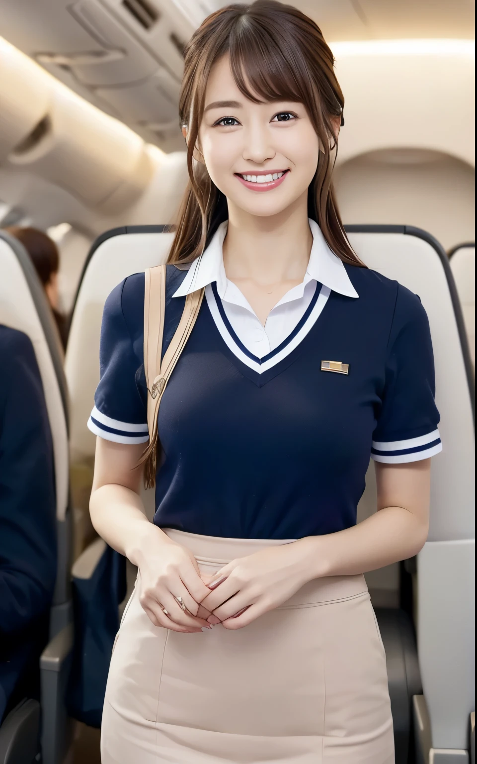(4K,8k,Masterpiece,Realistic),Super Resolution:1.2、(Japanese:1.3)、Realistic、Japaneseアイドルの顔、woman、23 years old、Beautiful eyes、cute、smile、Perfect hands、Natural Makeup、bangs、Cabin attendant、Inside the plane、Standing posture、Tight Skirt、uniform