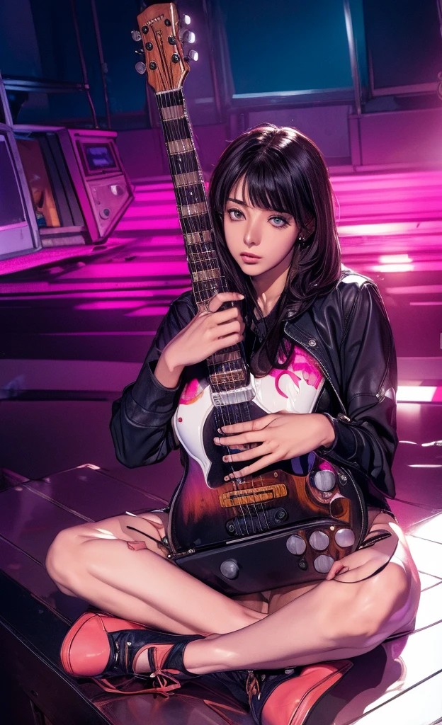 Realistic:1.2, Rocker girl in leather jacket,Slim figure、Normal bust size、 highly Realistic photograph, Full Body Shot, 12 electric guitars, Spiked clothing,White tank top、Navel exposed、Low-rise leather shorts,tattoo,Earrings Dark lipstick, blue eyes,Pink twin tail hair,Black Ribbon, Beautiful and perfect legs, Confident expression, Punk Style ,Dynamic pose, Dynamic Lighting, Colorful Stage,Colorful stage lighting,