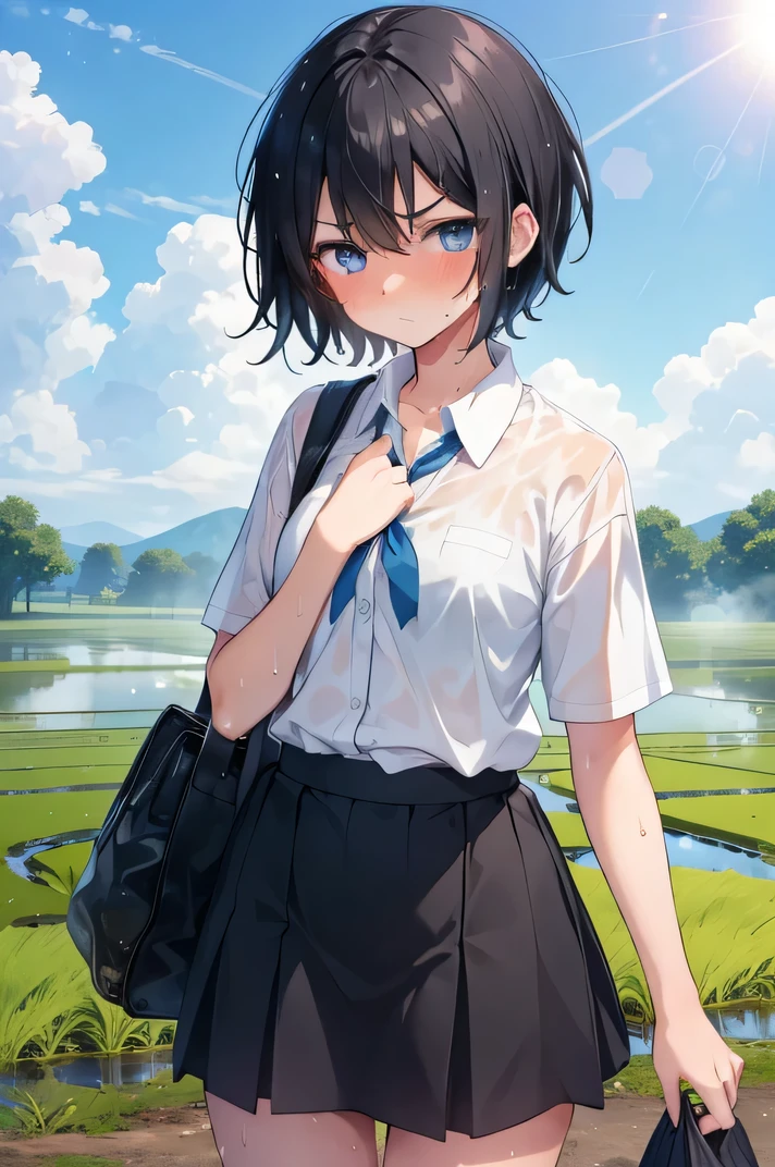 girl,high school girl,boyish,Black Hair,bag,Very short hair,Summer uniform,mini skirt,Sweaty,Wet,Troubled face,blush,blue eyes,countryside,Rice Field,Serious face,sun,