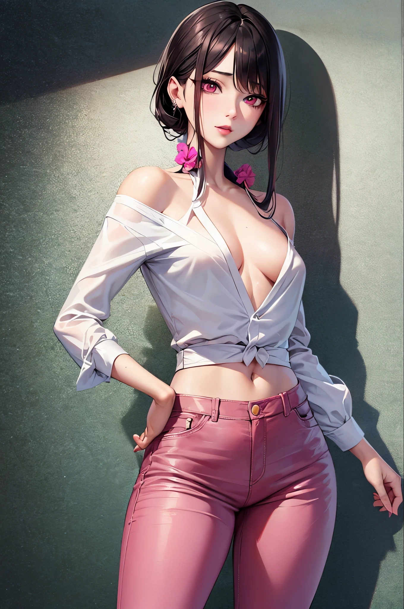 Gentle and attractive Chinese beauty, Half-body photo, Delicate and  collarbone, Attractive oval face, double eyelid, Bright pink eyes, Pink Lips, Small Nose, Exposing shoulders,  Ultra-high resolution, Super Details, Elegant standing posture, Korean style puff sleeve square collar slim short shirt, Pair it with a high-waisted light-colored jeans suit.