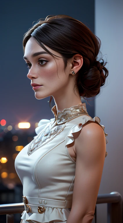 photo of Keira Knightley, RAW, beautiful woman, ((portrait)), ((detailed face:1.2)), ((detailed facial feature, detailed skin, clear skin), (perfect proportioned body, medium breasts), (wearing a peplum dress) (high detailed city environment, apartment balcony), (realistic photo, best quality, detailed), (8k wallpaper), (cinematic lighting, dramatic lighting) (sharp focus, intricate), profile view