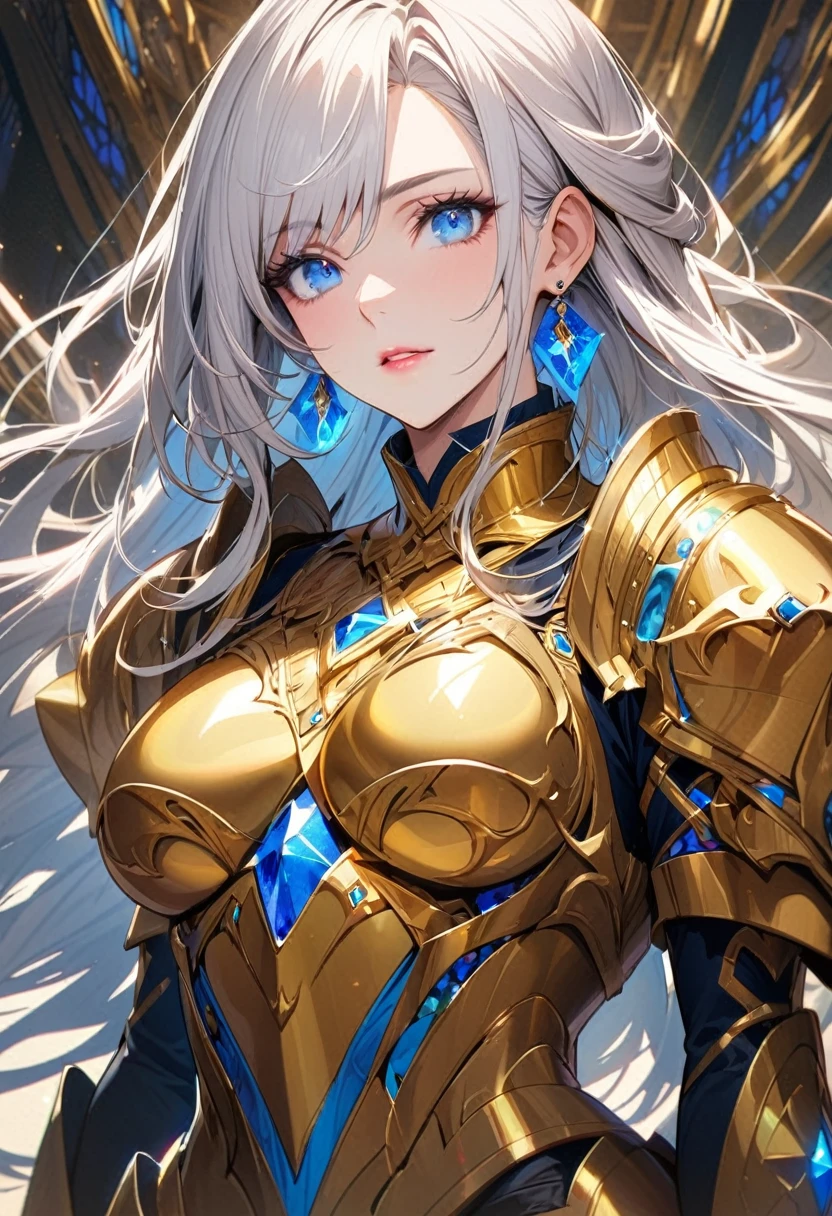 woman, blue eyes, long hair, white hair, mature, god eyes, diamond earings, golden armor, beautiful, high detail, beautful color