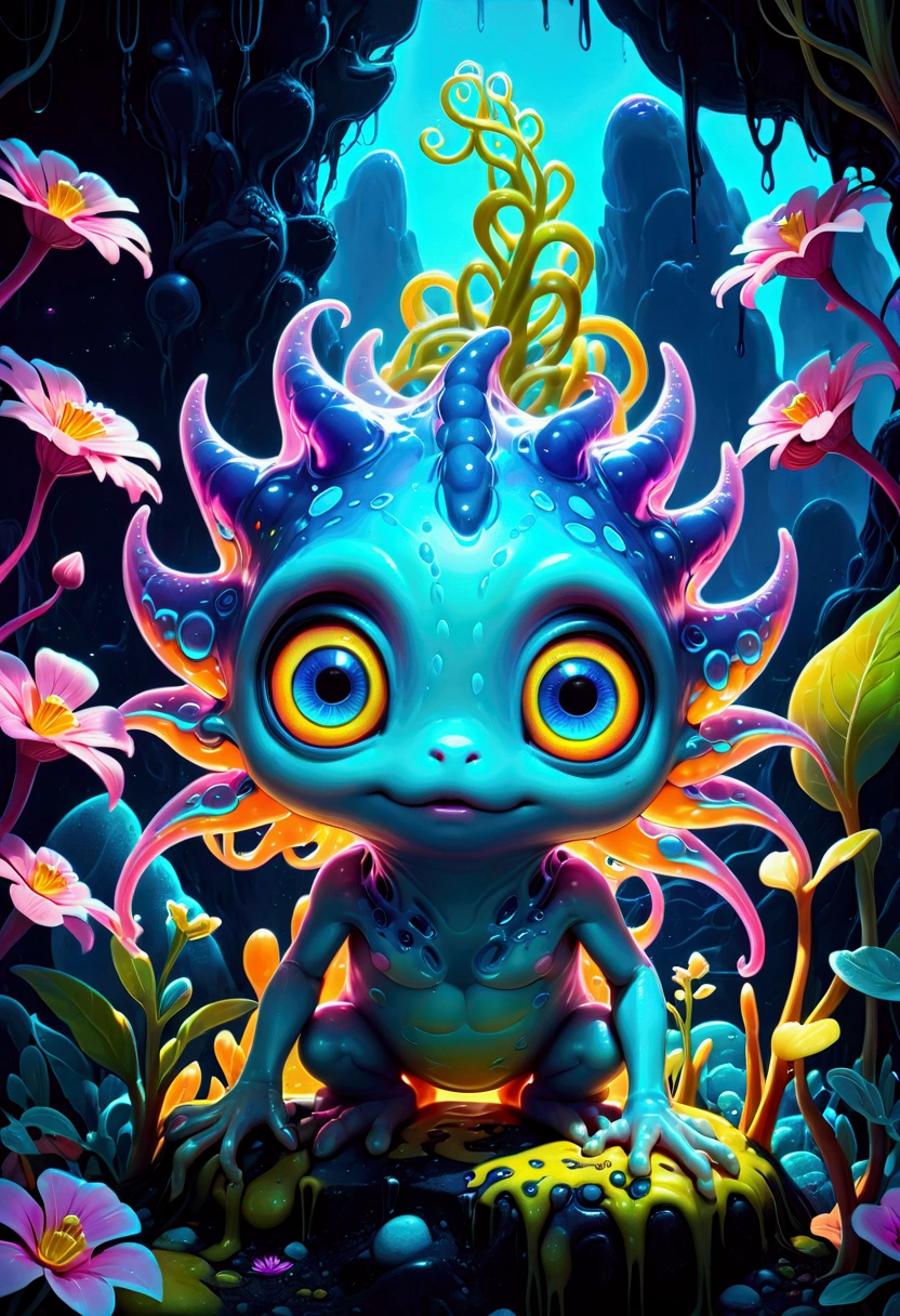 A slime creature, detailed slimy texture, gooey and viscous appearance, cute eyes, bright neon colors, fluorescent glowing, surreal fantasy landscape, colorful alien environment, glowing mushrooms, bioluminescent plants, cinematic lighting, detailed 3D render, vibrant colors, high detail, masterpiece, best quality, very aesthetic, absurdres